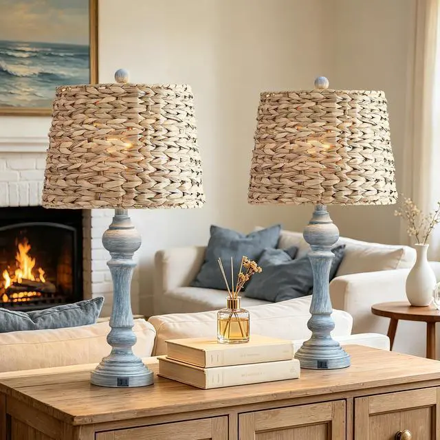 Main image of 26" Boho Rattan Table Lamps Set of 2 with USB A+C Ports, Coastal Bedside Lamps with Rattan Shade, Distressed Antique Blue Farmhouse Wicker Lamps, Rustic Resin Nightstand Lamps for Living Room