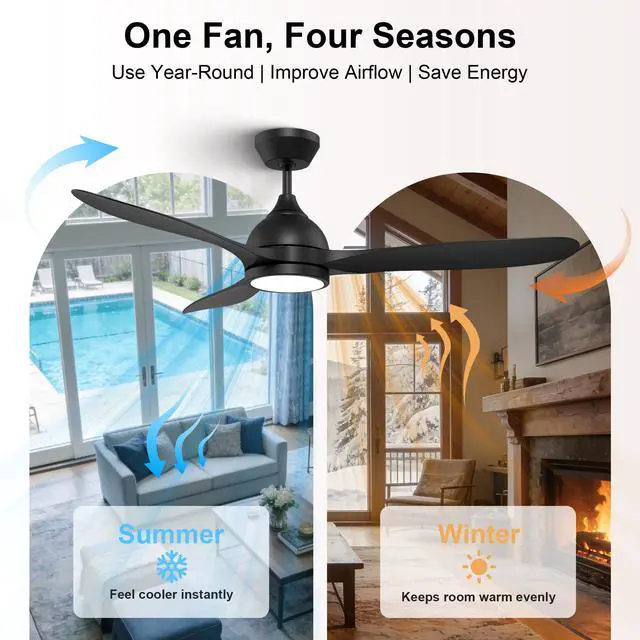 Alt view image 3 of 6 - 52" Ceiling Fan with Light Remote Control, Quiet Reversible DC Motor, 3CCT Dimmable Memory, Modern Ceiling Fan for Bedroom Living Room Kitchen, Matte Black by GRANDJOY