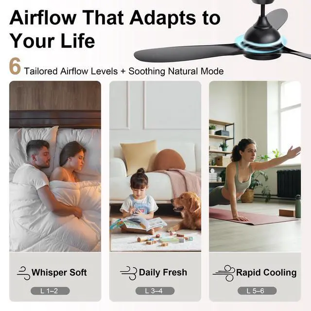 Alt view image 5 of 6 - 52" Ceiling Fan with Light Remote Control, Quiet Reversible DC Motor, 3CCT Dimmable Memory, Modern Ceiling Fan for Bedroom Living Room Kitchen, Matte Black by GRANDJOY
