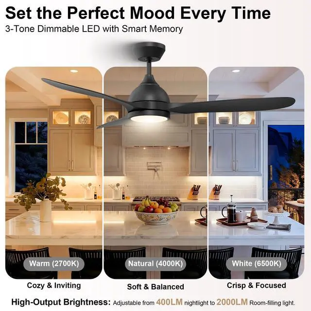 Alt view image 6 of 6 - 52" Ceiling Fan with Light Remote Control, Quiet Reversible DC Motor, 3CCT Dimmable Memory, Modern Ceiling Fan for Bedroom Living Room Kitchen, Matte Black by GRANDJOY