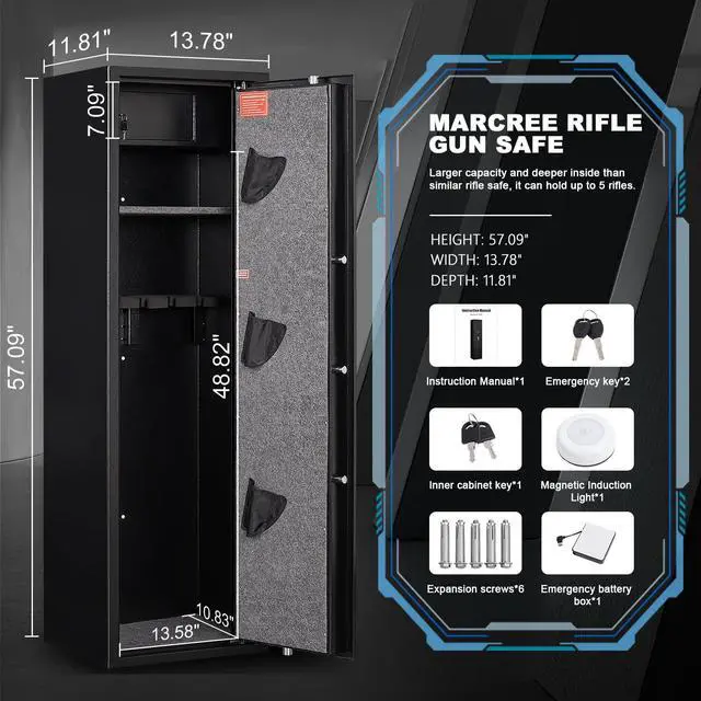 Alt view image 5 of 6 - Large Rifle Safe with Biometric Fingerprint - Gun Safe for 8-10 Rifles & Pistols for Home, Quick Access, Anti-Theft Alarm, Removable Shelf, No Assembly (11.8"D x 13.8"W x 57.2"H)