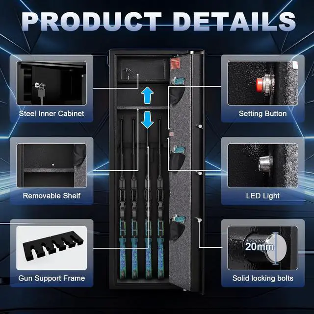 Alt view image 6 of 6 - Large Rifle Safe with Biometric Fingerprint - Gun Safe for 8-10 Rifles & Pistols for Home, Quick Access, Anti-Theft Alarm, Removable Shelf, No Assembly (11.8"D x 13.8"W x 57.2"H)