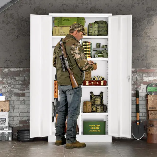 Alt view image 2 of 6 - 10-12 Gun Safe, 32"W Gun Safe for Rifles and Pistols, Rifle Safe with Lock, Quick Access Gun Cabinet with Adjustable Shelves for Home, White