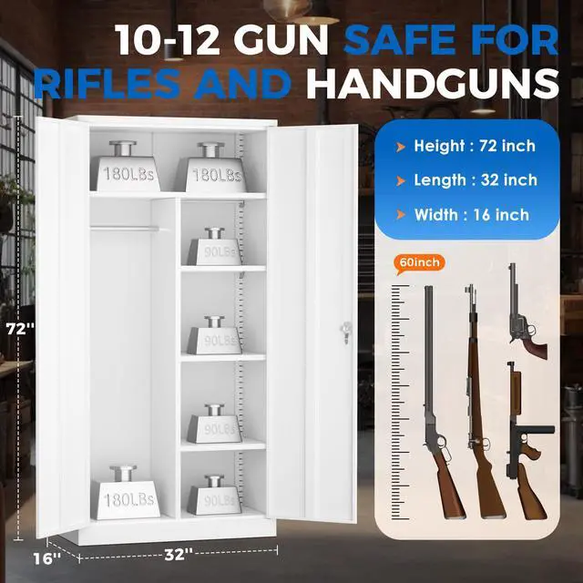 Alt view image 3 of 6 - 10-12 Gun Safe, 32"W Gun Safe for Rifles and Pistols, Rifle Safe with Lock, Quick Access Gun Cabinet with Adjustable Shelves for Home, White