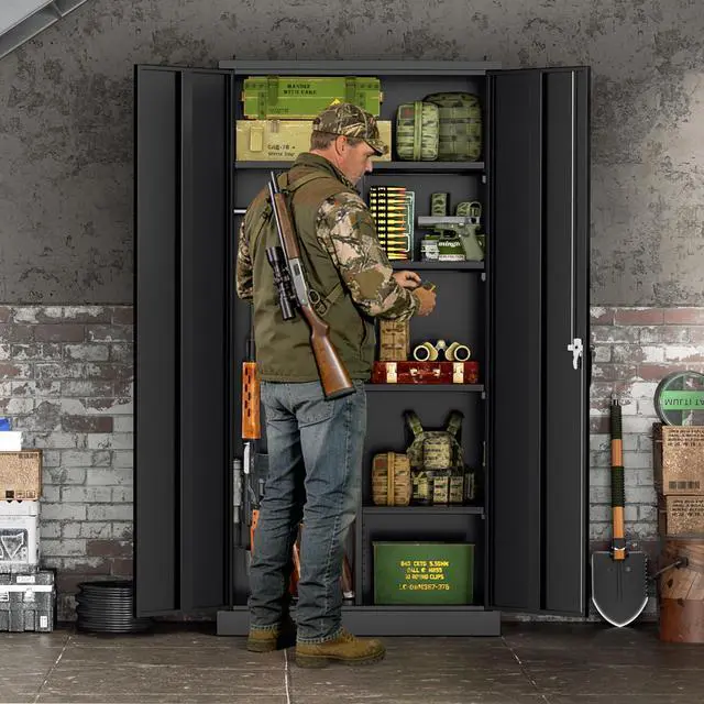 Alt view image 2 of 6 - 10-12 Gun Safe, 32"W Gun Safe for Rifles and Pistols, Rifle Safe with Lock, Quick Access Gun Cabinet with Adjustable Shelves for Home, Black