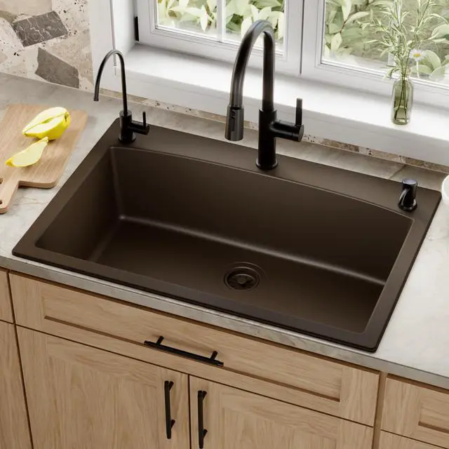 Alt view image 2 of 6 - QT-712 33 Inch Drop-In Quartz Composite Single Bowl Kitchen Sink, Top Mount, 1-Hole, Heat & Scratch Resistant, Easy Clean, Brown