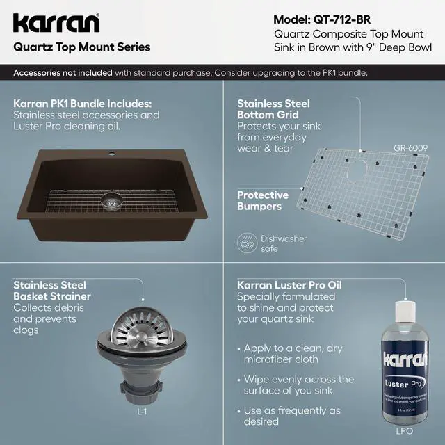 Alt view image 4 of 6 - QT-712 33 Inch Drop-In Quartz Composite Single Bowl Kitchen Sink, Top Mount, 1-Hole, Heat & Scratch Resistant, Easy Clean, Brown