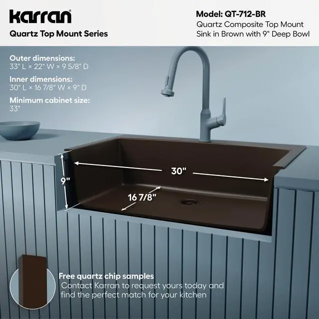Alt view image 5 of 6 - QT-712 33 Inch Drop-In Quartz Composite Single Bowl Kitchen Sink, Top Mount, 1-Hole, Heat & Scratch Resistant, Easy Clean, Brown
