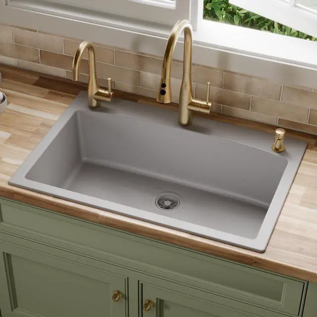 Alt view image 2 of 6 - QT-712 33 Inch Drop-In Quartz Composite Single Bowl Kitchen Sink, Top Mount, 1-Hole, Heat & Scratch Resistant, Easy Clean, Grey