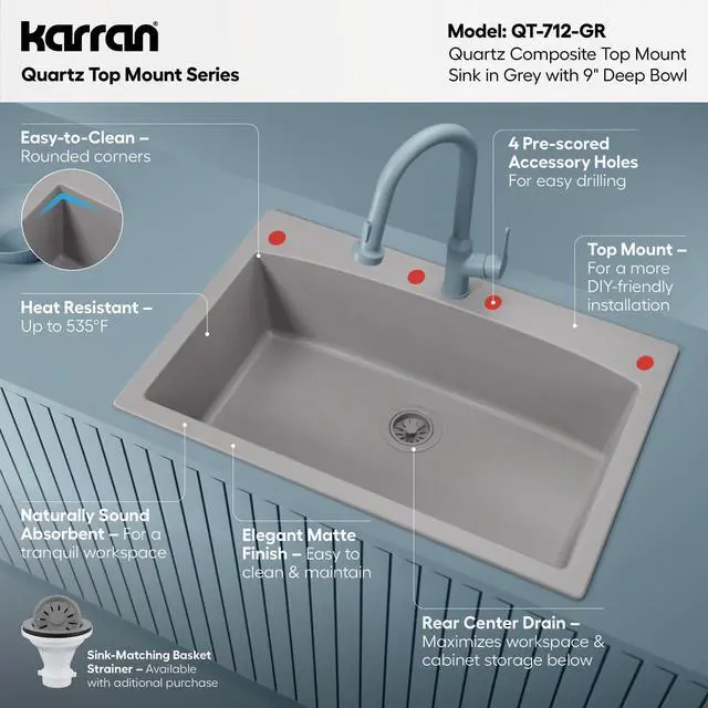 Alt view image 3 of 6 - QT-712 33 Inch Drop-In Quartz Composite Single Bowl Kitchen Sink, Top Mount, 1-Hole, Heat & Scratch Resistant, Easy Clean, Grey