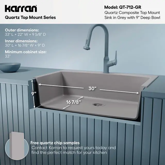 Alt view image 5 of 6 - QT-712 33 Inch Drop-In Quartz Composite Single Bowl Kitchen Sink, Top Mount, 1-Hole, Heat & Scratch Resistant, Easy Clean, Grey