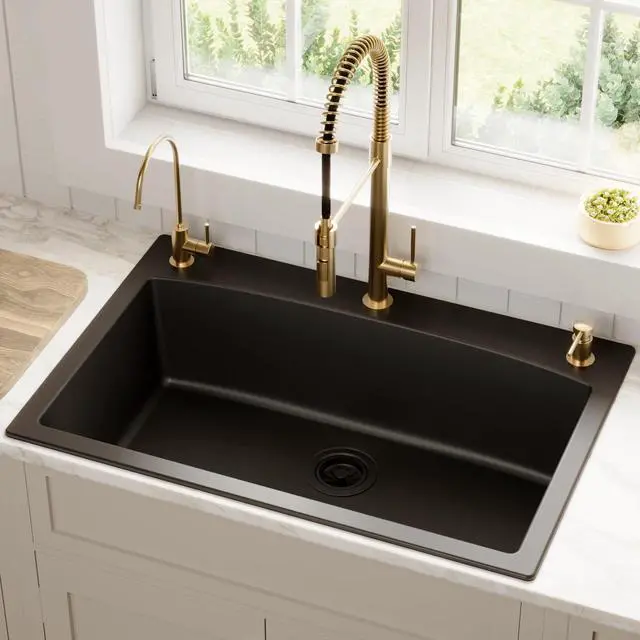 Alt view image 2 of 6 - QT-712 33 Inch Drop-In Quartz Composite Single Bowl Kitchen Sink, Top Mount, 1-Hole, Heat & Scratch Resistant, Easy Clean, Black