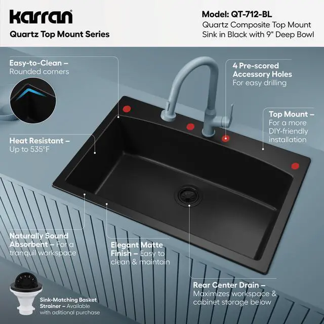 Alt view image 3 of 6 - QT-712 33 Inch Drop-In Quartz Composite Single Bowl Kitchen Sink, Top Mount, 1-Hole, Heat & Scratch Resistant, Easy Clean, Black