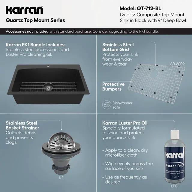 Alt view image 4 of 6 - QT-712 33 Inch Drop-In Quartz Composite Single Bowl Kitchen Sink, Top Mount, 1-Hole, Heat & Scratch Resistant, Easy Clean, Black