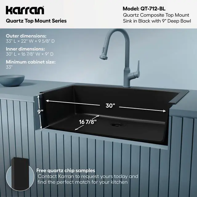 Alt view image 5 of 6 - QT-712 33 Inch Drop-In Quartz Composite Single Bowl Kitchen Sink, Top Mount, 1-Hole, Heat & Scratch Resistant, Easy Clean, Black