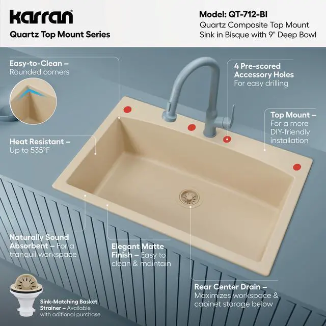 Alt view image 3 of 6 - QT-712 Drop-In Quartz Composite 33 in. 1-Hole Single Bowl Kitchen Sink in Bisque