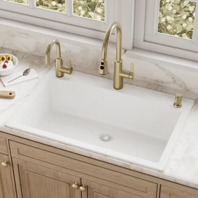 Alt view image 2 of 6 - QT-712 33 Inch Drop-In Quartz Composite Single Bowl Kitchen Sink, Top Mount, 1-Hole, Heat & Scratch Resistant, Easy Clean, White
