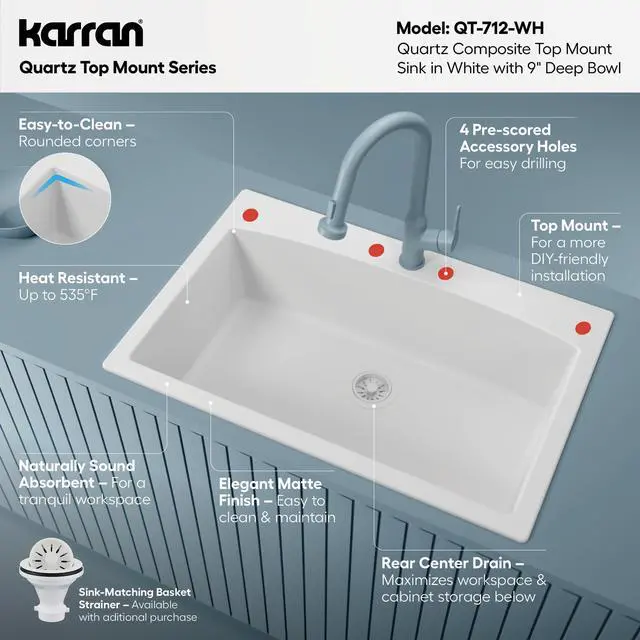 Alt view image 3 of 6 - QT-712 33 Inch Drop-In Quartz Composite Single Bowl Kitchen Sink, Top Mount, 1-Hole, Heat & Scratch Resistant, Easy Clean, White