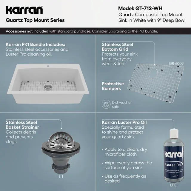 Alt view image 4 of 6 - QT-712 33 Inch Drop-In Quartz Composite Single Bowl Kitchen Sink, Top Mount, 1-Hole, Heat & Scratch Resistant, Easy Clean, White