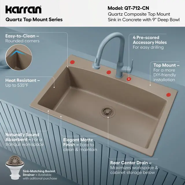 Alt view image 3 of 6 - QT-712 Drop-In Quartz Composite 33 in. 1-Hole Single Bowl Kitchen Sink in Concrete