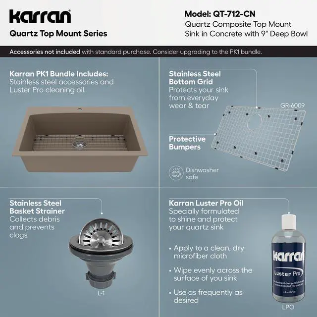 Alt view image 4 of 6 - QT-712 Drop-In Quartz Composite 33 in. 1-Hole Single Bowl Kitchen Sink in Concrete