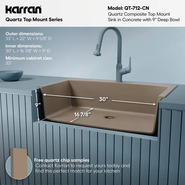 Alt view image 5 of 6 - QT-712 Drop-In Quartz Composite 33 in. 1-Hole Single Bowl Kitchen Sink in Concrete