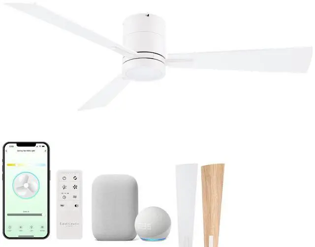 Main image of Bali 52in 3-Blade Smart Indoor or Outdoor Flush Mount Ceiling Fan 2700K-6000K CCT Tunable Range LED Light Kit in Matte White with Reversible White and Natural Wood Blades Works With iOS or Android App