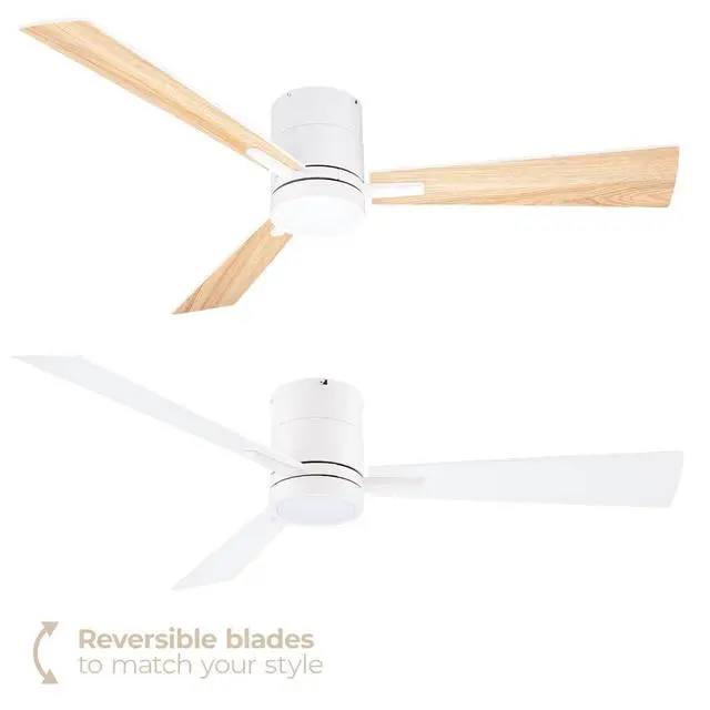 Alt view image 2 of 6 - Bali 52in 3-Blade Smart Indoor or Outdoor Flush Mount Ceiling Fan 2700K-6000K CCT Tunable Range LED Light Kit in Matte White with Reversible White and Natural Wood Blades Works With iOS or Android App