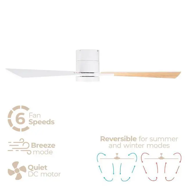 Alt view image 4 of 6 - Bali 52in 3-Blade Smart Indoor or Outdoor Flush Mount Ceiling Fan 2700K-6000K CCT Tunable Range LED Light Kit in Matte White with Reversible White and Natural Wood Blades Works With iOS or Android App