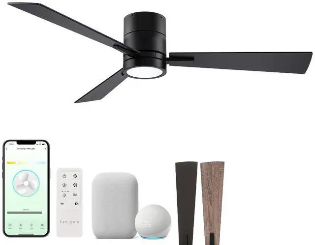 Main image of Bali 52in 3-Blade Smart Indoor or Outdoor Flush Mount Ceiling Fan 2700K-6000K CCT Tunable Range LED Light Kit in Matte Black with Reversible Black and Weathered Wood Blades Works With iOS or Android