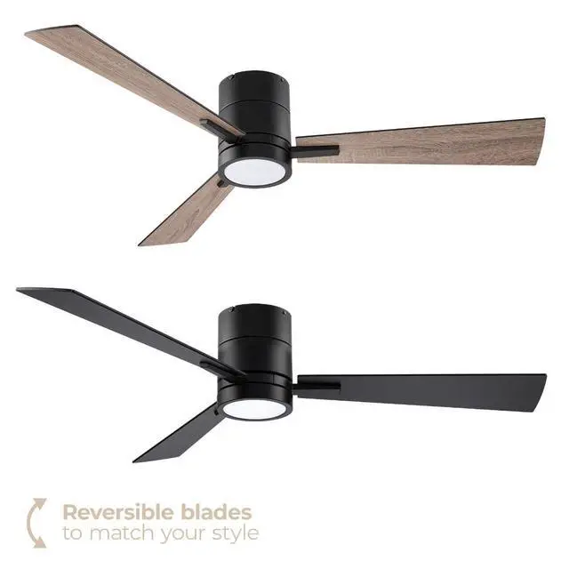 Alt view image 2 of 6 - Bali 52in 3-Blade Smart Indoor or Outdoor Flush Mount Ceiling Fan 2700K-6000K CCT Tunable Range LED Light Kit in Matte Black with Reversible Black and Weathered Wood Blades Works With iOS or Android