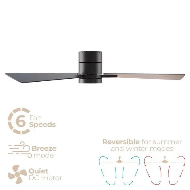 Alt view image 4 of 6 - Bali 52in 3-Blade Smart Indoor or Outdoor Flush Mount Ceiling Fan 2700K-6000K CCT Tunable Range LED Light Kit in Matte Black with Reversible Black and Weathered Wood Blades Works With iOS or Android