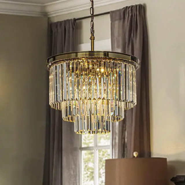 Main image of 6-Light Modern Antique Gold 3-Tier Round Fringe Crystal Chandelier Brass Finish Frame Close to Ceiling Dual-Use Light for Dining Room Living Room W 20"