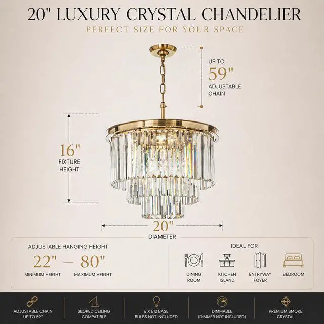 Alt view image 3 of 6 - 6-Light Modern Antique Gold 3-Tier Round Fringe Crystal Chandelier Brass Finish Frame Close to Ceiling Dual-Use Light for Dining Room Living Room W 20"