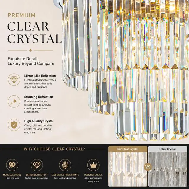 Alt view image 5 of 6 - 6-Light Modern Antique Gold 3-Tier Round Fringe Crystal Chandelier Brass Finish Frame Close to Ceiling Dual-Use Light for Dining Room Living Room W 20"
