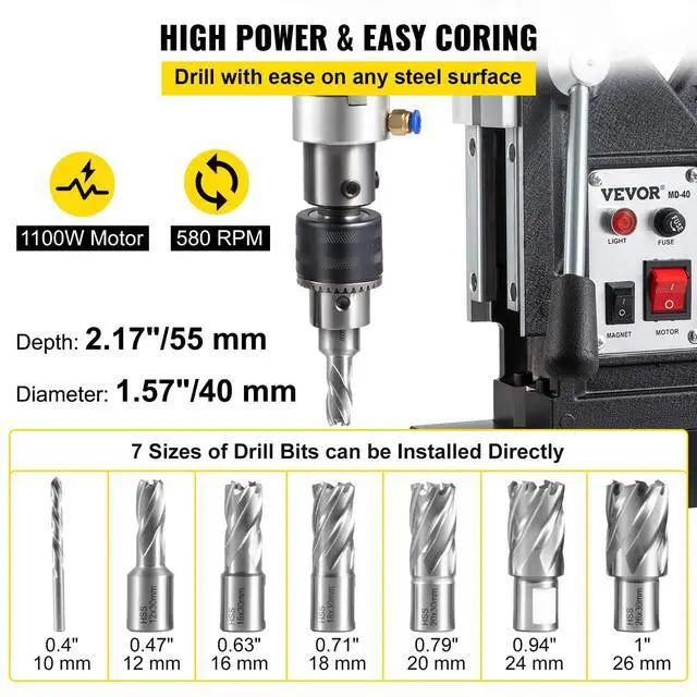 Alt view image 3 of 6 - Magnetic Drill, 1100W 1.57" Boring Diameter, 2697lbf/12000N Portable Electric Mag Drill Press with 7 Bits, 580 RPM Max Speed Drilling Machine for any Surface and Home Improvement