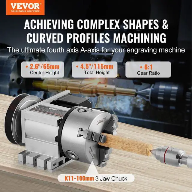 Alt view image 2 of 6 - Dividing Head, K11-100mm 3-Jaw Chuck, CNC Router Milling Machine Rotational Axis 4th Axis A Axis Indexing Head, 2.6"/65 mm Center Height MT2 Tailstock 6:1 Gear Ratio, Universal for Engraving