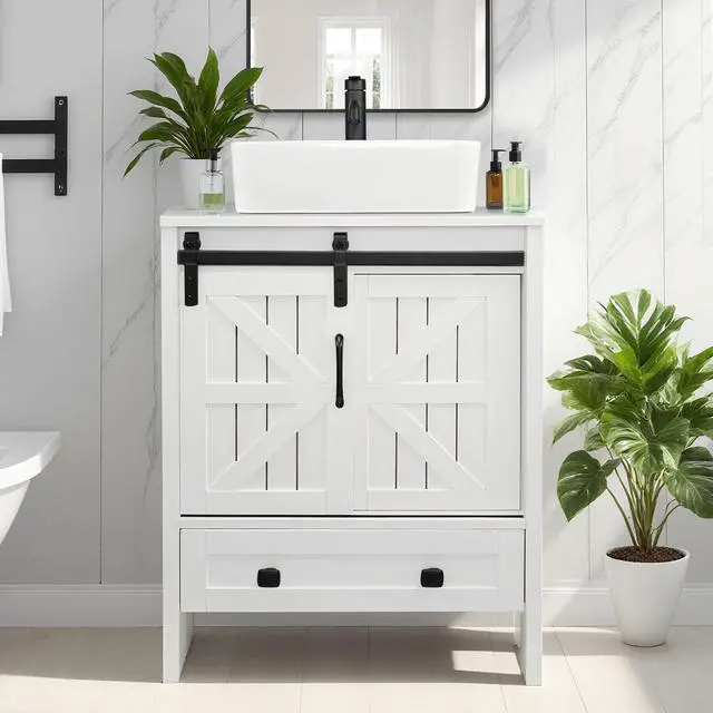 Main image of 24 inch Farmhouse Bathroom Vanity with Sink, White MDF Small Bathroom Vanity Sink Combo, White Rectangle Ceramic Vessel Sink, Including 10 Optional Above-Counter Basins (Include Faucet)