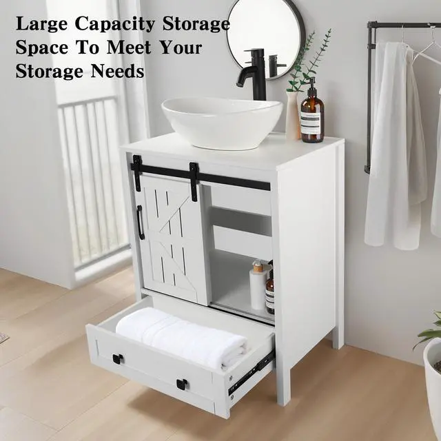 Alt view image 6 of 6 - 24 inch Farmhouse Bathroom Vanity with Sink, White MDF Small Bathroom Vanity Sink Combo, White Rectangle Ceramic Vessel Sink, Including 10 Optional Above-Counter Basins (Include Faucet)