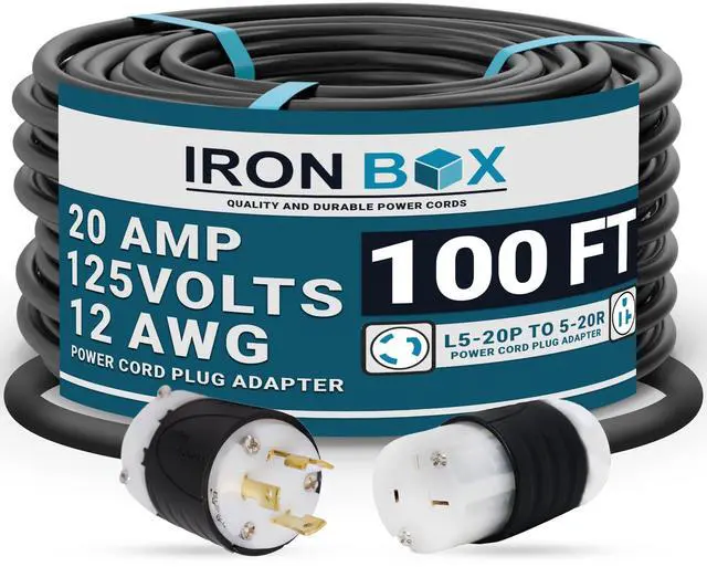 Main image of IronBox Electric NEMA L5-20P to 5-20R Power Cord Plug Adapter - 20A, 125V,12 AWG - UL Listed Heavy Duty Adapter Cable for Generator, Data Centers, Computers, Outdoor Event & More (Custom Built, 100ft)