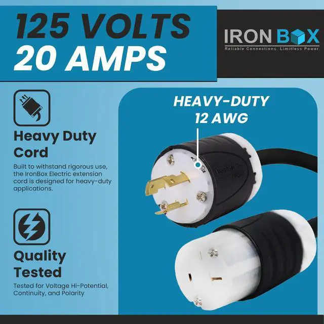 Alt view image 3 of 6 - IronBox Electric NEMA L5-20P to 5-20R Power Cord Plug Adapter - 20A, 125V,12 AWG - UL Listed Heavy Duty Adapter Cable for Generator, Data Centers, Computers, Outdoor Event & More (Custom Built, 100ft)