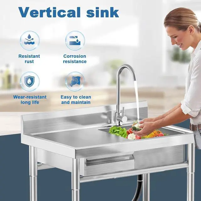Alt view image 3 of 6 - 40 Inch Stainless Steel Utility Sink,Free Standing, Equipped With Hot and Cold Water Pipes, Workbench Drawers for Storage,Suitable for Kitchen, Bathroom, Farmhouse, and Outdoor Sinks