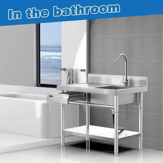 Alt view image 5 of 6 - 40 Inch Stainless Steel Utility Sink,Free Standing, Equipped With Hot and Cold Water Pipes, Workbench Drawers for Storage,Suitable for Kitchen, Bathroom, Farmhouse, and Outdoor Sinks