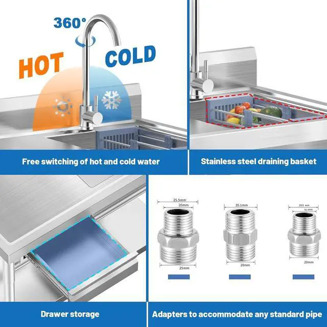 Alt view image 6 of 6 - 40 Inch Stainless Steel Utility Sink,Free Standing, Equipped With Hot and Cold Water Pipes, Workbench Drawers for Storage,Suitable for Kitchen, Bathroom, Farmhouse, and Outdoor Sinks