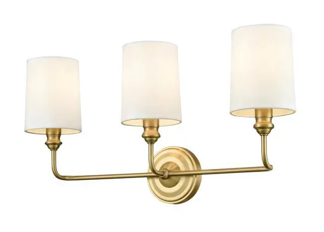 Alt view image 2 of 6 - Leena Collection | 99803-VB | Indoor 3 Light Vanity in Vintage Brass with White Fabric Shade | Elegant and Versatile Design for Any Bathroom
