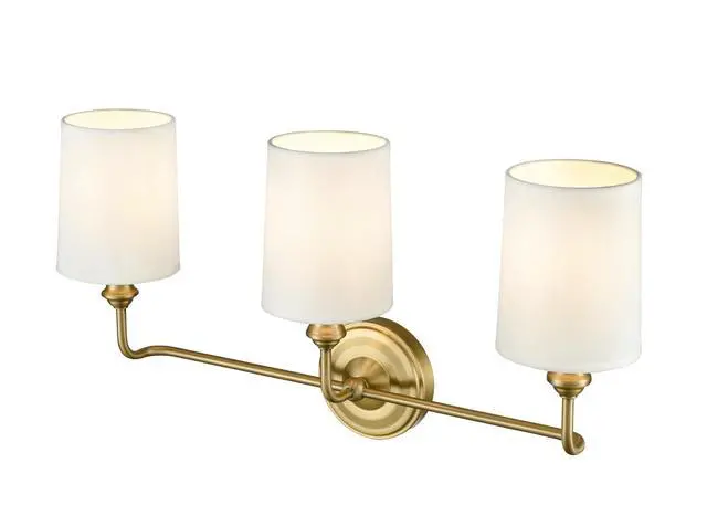 Alt view image 3 of 6 - Leena Collection | 99803-VB | Indoor 3 Light Vanity in Vintage Brass with White Fabric Shade | Elegant and Versatile Design for Any Bathroom