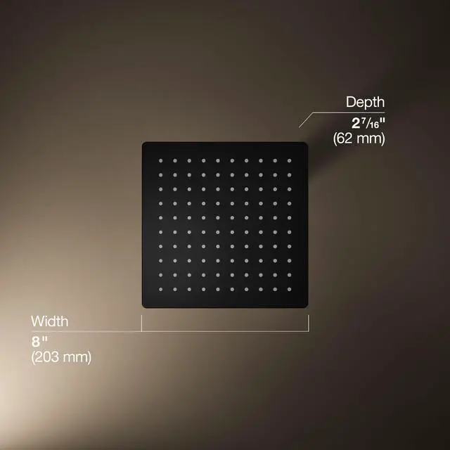 Alt view image 3 of 6 - K-26148-BL Honesty Square Rain Shower Head, 2.5 GPM, 8" Large Rain Shower Head, Wide Spray Coverage, Modern Design, Easy Installation, Matte Black