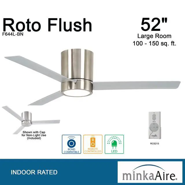 Alt view image 3 of 6 - F644L-BN Roto Flush 52" 3-Blade LED Ceiling Fan in Brushed Nickel Finish with Brushed Nickel Blades and a Frosted White Lens