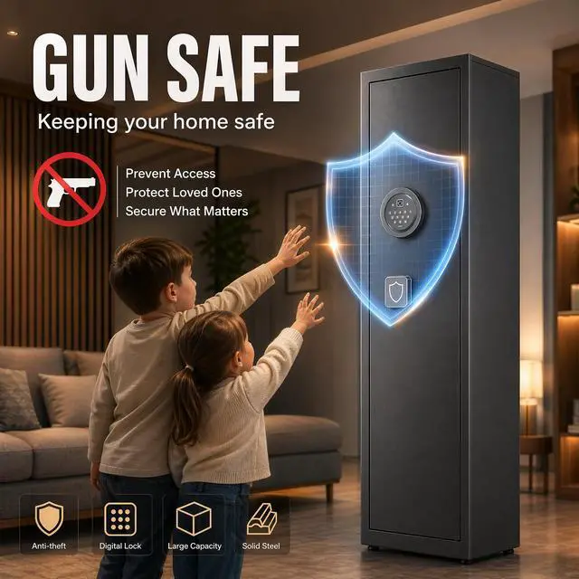 Alt view image 2 of 6 - Gun Safe for Rifles and Pistols, All-Steel Metal Gun Cabinet with Electronic Keypad Fitting 6-8 Long Guns, Firearm Storage Solution with Removable Racks for Home Defense