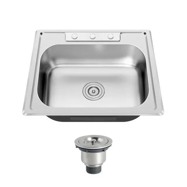Alt view image 2 of 6 - 25x22 Drop In Single Bowl 25 Inch Topmount Kitchen Sink | 304 Stainless Steel, 18 Gauge Thickness, Three Holes with Cover, U Channel for Fixed, Strainer Included, 25" x 22" x 8"